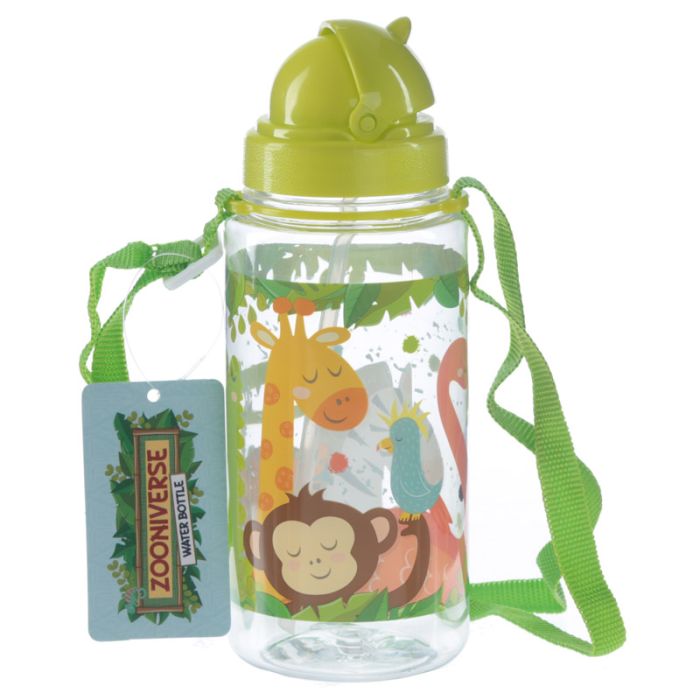 Bouteille d'Eau (Gourde) Enfant 450ml avec Paille & Cordon Zooniverse - Animaux du Zoo