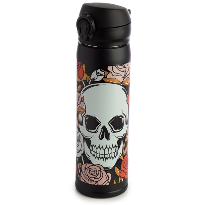 Bouteille Isolée (Gourde) 450ml en Acier Inoxydable avec Couvercle à Bouton-poussoir Boissons Chaudes ou Froides Skulls and Roses - Crâne