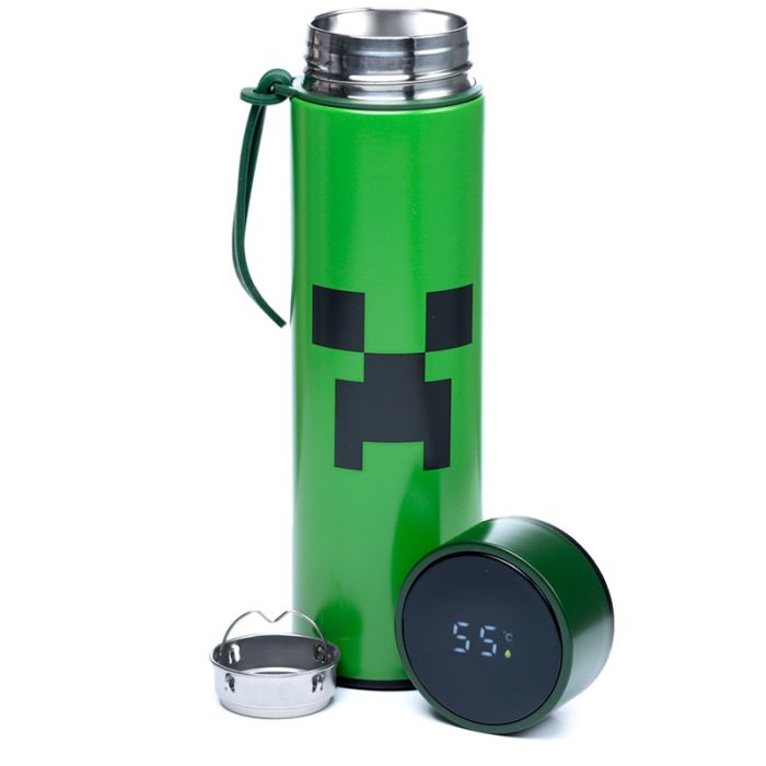 Bouteille Isolée (Gourde) en Acier Inoxydable avec Thermomètre Digital Boissons Chaudes ou Froides Minecraft - Creeper