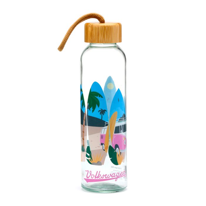 Bouteille en Verre (Gourde) 500ml avec Bouchon Bambou - Volkwagen-  Van Bus Combi VW T1 The Waves are Calling