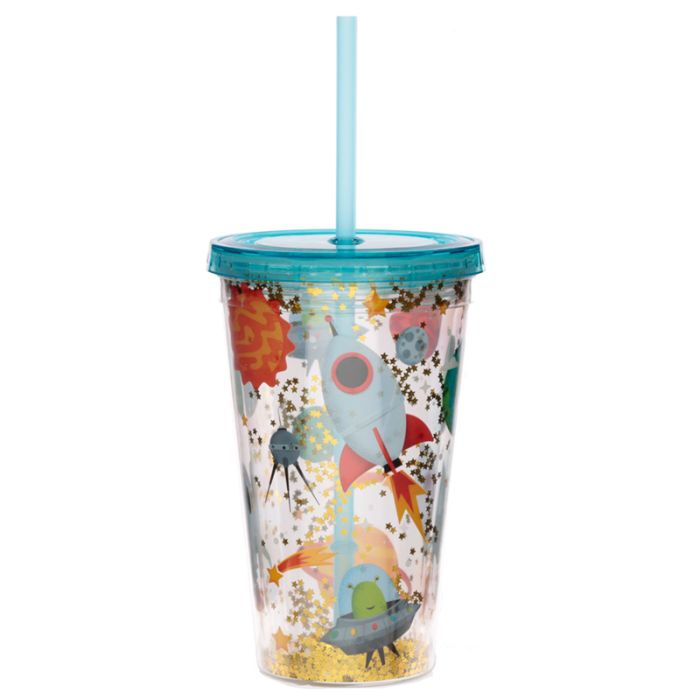 Verre PVC Double Paroi 500ml avec Paille & Couvercle Space Cadet - Fusée de l'Espace