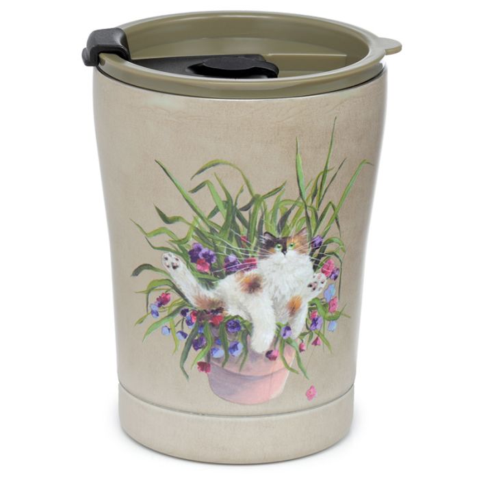 Tasse Thermique Isolée en Acier Inoxydable 300ml Kim Haskins - Chat dans Pot de Fleurs