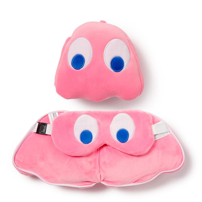 Coussin de Voyage Relaxeazzz Peluché 2-en-1 avec Masque Yeux Pac Man - Fantôme Rose