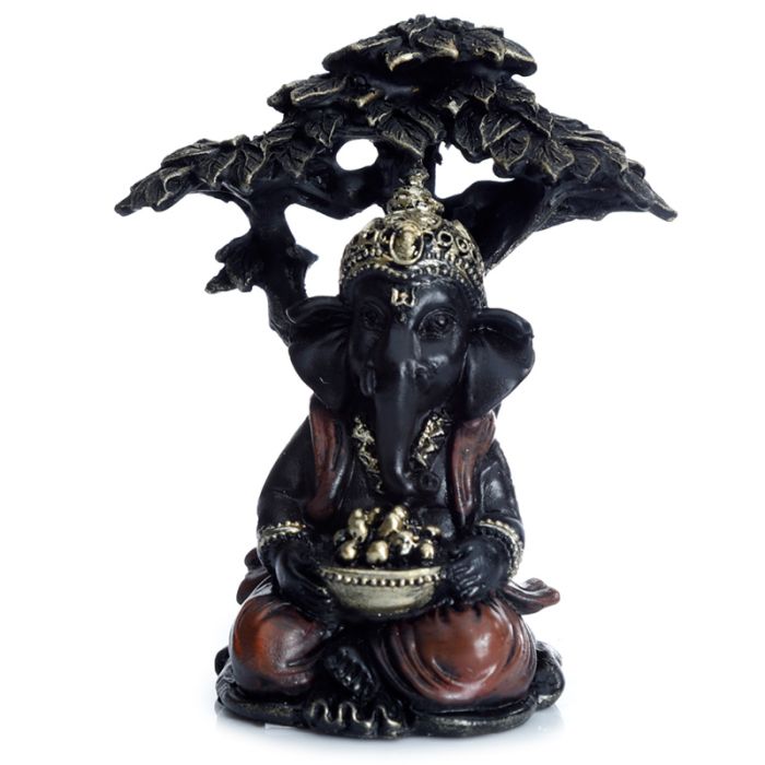 Figurine Ganesh Noir & Doré - Assis Sous un Arbre