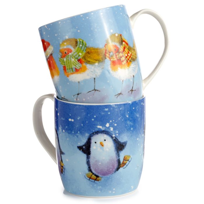 Ensemble 2 Mugs Porcelaine de Noël Jan Pashley - Oiseau Rouge-gorge et Pingouins à Patins