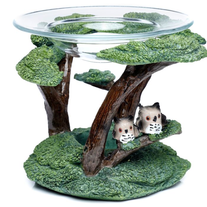 Brûleur à Huile & Fondant de Cire en Résine avec Coupelle en Verre - Hibou Chouette