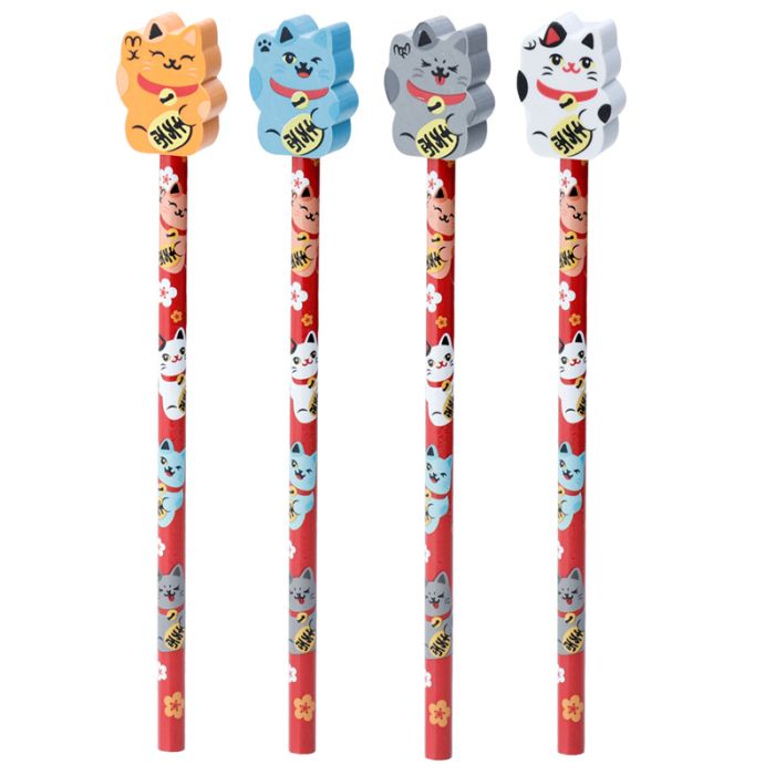 Crayon avec Embout Gomme Maneki Neko - Chat Porte-bonheur