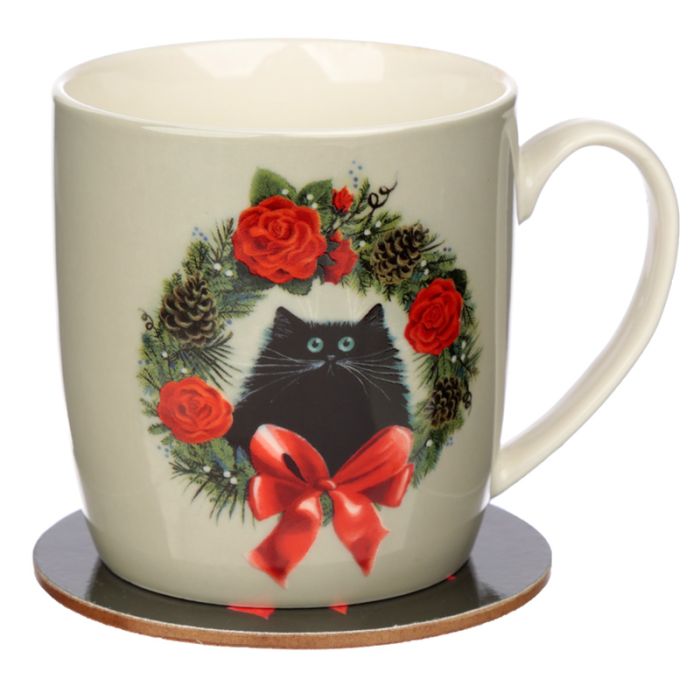 Ensemble Mug Porcelaine & Dessous de Verre Kim Haskins - Chat & Couronne de Noël