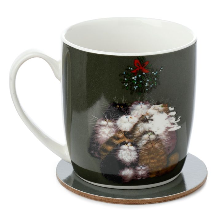 Ensemble Mug Porcelaine & Dessous de Verre Kim Haskins - 12 Chats pour Noël