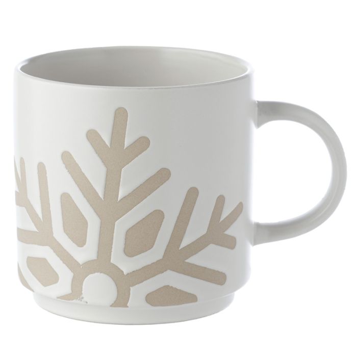 Mug en Grès Cérame à Relief - Noël & Flocon de Neige sur Fond Verni Blanc