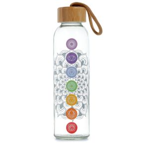 Bouteille en Verre (Gourde) 500ml avec Bouchon Bambou Chakra - Sept Chakra Bouteille en Verre (Gourde) 500ml avec Bouchon Bambou Chakra - Sept Chakra