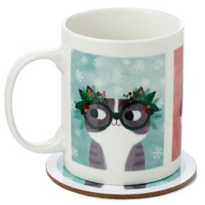 Ensemble Mug Porcelaine & Dessous de Verre Angie Rozelaar Planet Cat - Noël de Chat Ensemble Mug Porcelaine & Dessous de Verre Angie Rozelaar Planet Cat - Noël de Chat