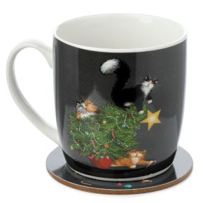 Ensemble Mug Porcelaine & Dessous de Verre Kim Haskins - Chats dans Sapin de Noël Ensemble Mug Porcelaine & Dessous de Verre Kim Haskins - Chats dans Sapin de Noël